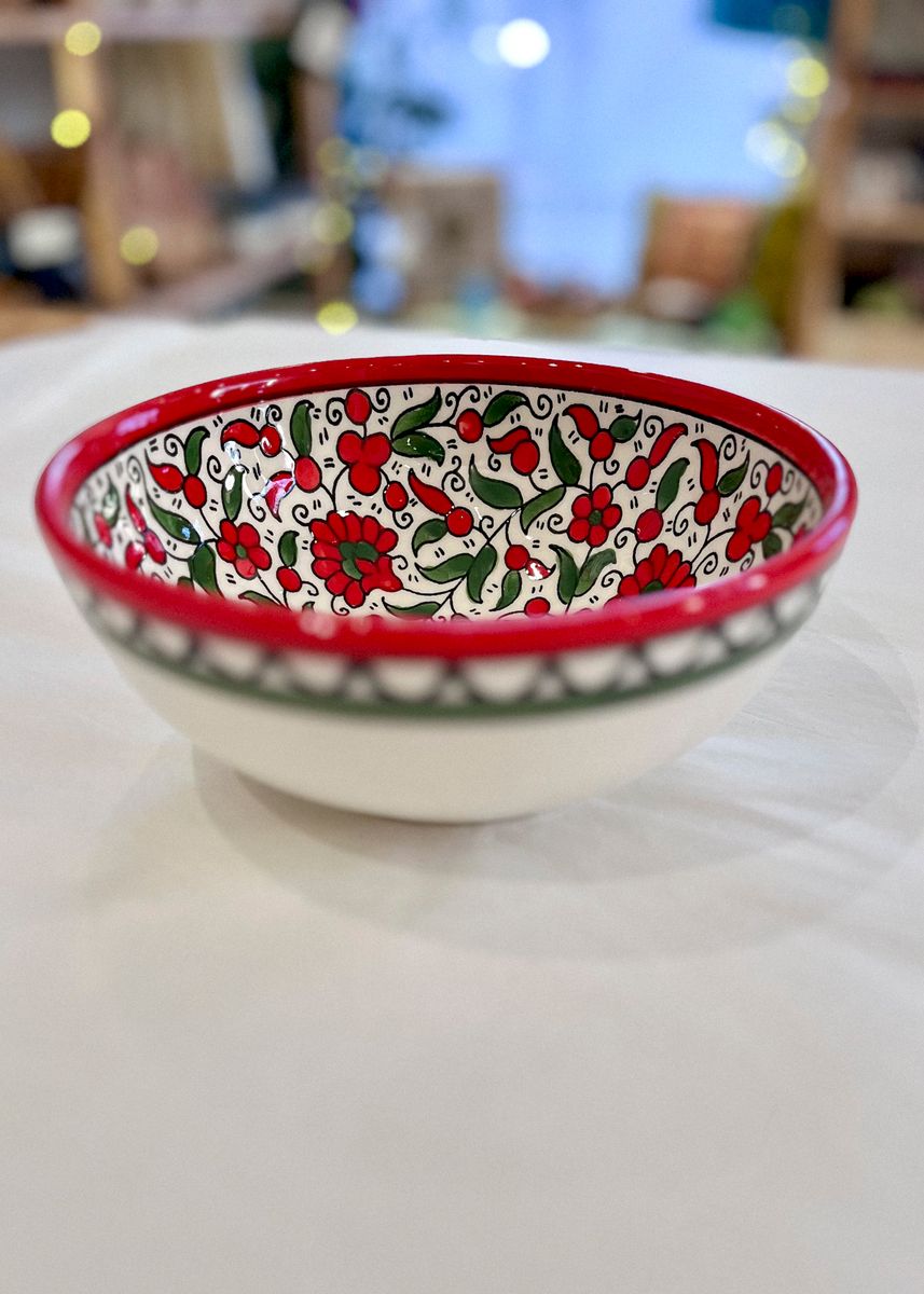 Keramikkskål høy, rød og grønn 20 cm